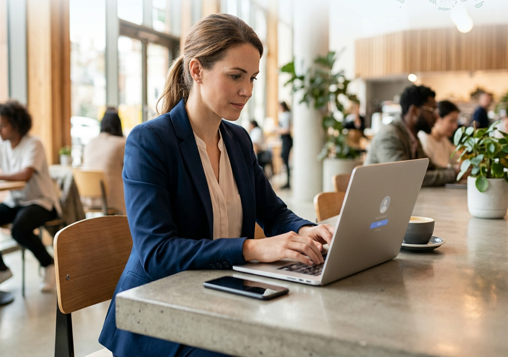 Professional connected remotely via a secure WireGuard VPN from a coworking space